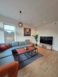 a living room with a blue couch and a tv at Hardanger Granvin Living in Granvin