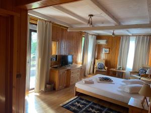 a bedroom with a bed and a television in it at Morena Mansion in Murighiol
