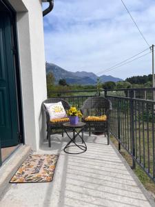 ein Balkon mit zwei Stühlen und einem Tisch mit Blumen in der Unterkunft Holiday home Lemoni in Tivat