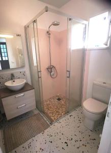 a bathroom with a shower with a toilet and a sink at Le Refuge du Vieux Moulin in Arles