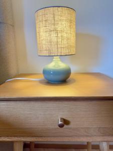 a blue lamp sitting on top of a wooden dresser at Alpine Home with Lounge - 10 min from St Moritz in La Punt-Chamues-ch