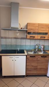 a kitchen with wooden cabinets and a sink at Apartament 4 Słoneczna in Ełk +5 photos