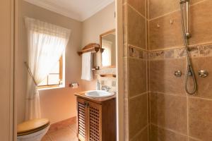 a bathroom with a shower and a sink at Coastline Serenity in Kleinmond +25 photos