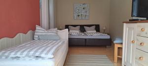 a bedroom with two beds and a tv in it at Fewo Hereinspaziert in Schwendau