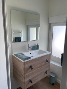 a bathroom with a sink and a mirror at Au petit lavoir in Trévières +21 photos