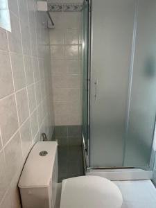 a bathroom with a toilet and a shower at Aethalios katoikia in Korissia +31 photos