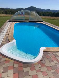 a large swimming pool with a domed roof at Pension Hofberg in Jetřichovice