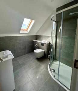 a bathroom with a shower and a toilet and a window at Modern house Boyle in Boyle +12 photos