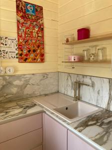 a kitchen with a sink and a painting on the wall at Waldchalet in Burgthann +14 photos