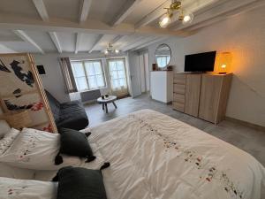 a living room with a large bed and a tv at Toue de Loire in Chaumont-sur-Loire