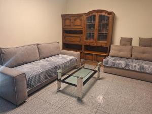 a living room with two couches and a glass table at Rent Olamit in Šančiai