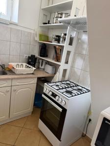 a kitchen with a stove top oven in a kitchen at Zso-Zé Apartman in Tiszafüred