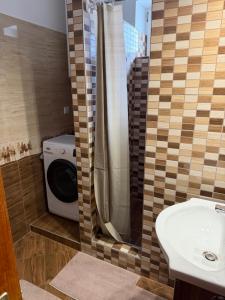 a bathroom with a washing machine and a washer at Zso-Zé Apartman in Tiszafüred +37 photos