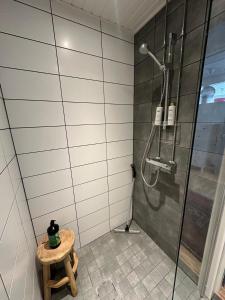 ein Badezimmer mit Dusche mit Tisch und Hocker in der Unterkunft Matmalmen E&A in Pargas