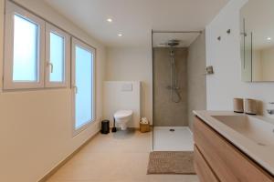 a bathroom with a sink and a toilet and a window at BnB 26 in Blankenberge +14 photos