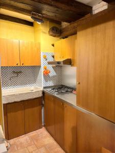 a kitchen with wooden cabinets and a stove top oven at Casa delle gondole in Venice