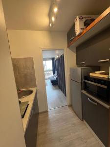 a small kitchen with a sink and a refrigerator at Le Cocon d'Aurouze in Le Dévoluy +7 photos