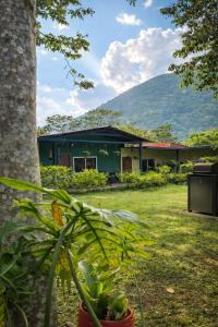 a green building with a mountain in the background at Los Cipreses Eco Hotel in Sonsonate
