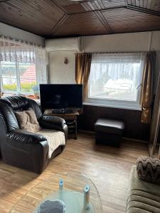 a living room with a leather couch and a table at Katka in Cheb