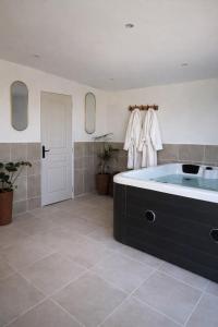 a bathroom with a large tub in a room at Un Chalet au Verger-Dog friendly-Jacuzzi & Massages in Conteville +42 photos