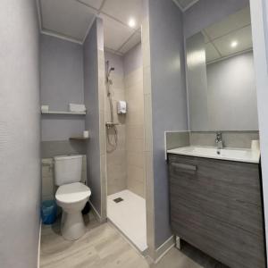 a bathroom with a toilet and a sink and a shower at Hôtel Le Petit Logis Chambres Confort climatisées in Beaumont-en-Véron +34 photos