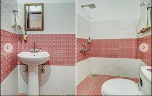 two pictures of a bathroom with a sink and a toilet at HOTEL The Puadh Stay in Lāndrān