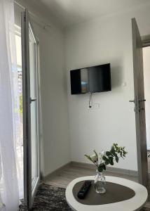 a room with a vase of flowers and a tv on the wall at Apartment White Rose in Bar