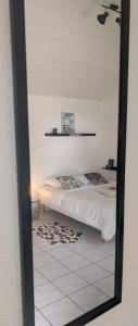 a bedroom with a bed and a mirror at Studio 09 in Sulniac +4 photos