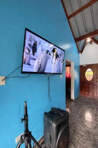 a flat screen tv on a blue wall with a camera at Villa azul círculo auto in Jarabacoa