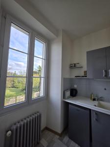 a kitchen with a sink and a large window at Cocon urbain avec jardin - appartement proche hôpital in Angers +7 photos