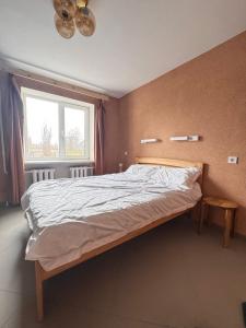 a large bed in a bedroom with a window at Pilot House in Mykolaiv