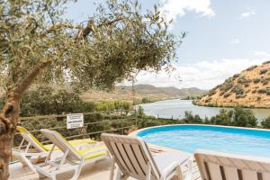 a pool with chairs and a view of a river at Olhares do Douro in Torre de Moncorvo