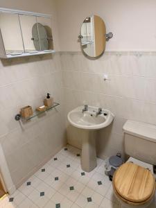 a bathroom with a sink and a toilet and a mirror at Culloden Stables 4 in Inverness +12 photos