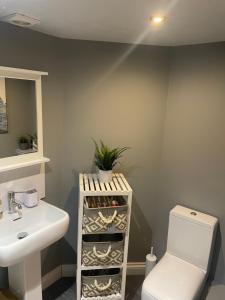 a bathroom with a white toilet and a sink at Trailside in Headingley in Leeds