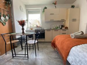 a small kitchen with a table and a bed in a room at Studio Angelina in Prestranek