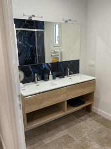 a bathroom with a sink and a large mirror at Maison de vacances Helios in Seignosse +43 photos