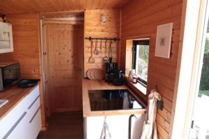 a kitchen in a log cabin with a sink at Glamping im Tiny House - nahe Dresden in Freital