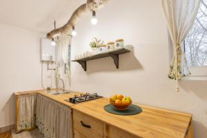 a kitchen with a counter with a bowl of fruit on it at Srčkova Koča in Kočevje