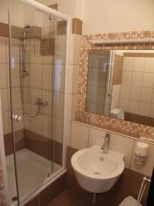 a bathroom with a sink and a shower and a mirror at Hotel Milotel in Olomouc