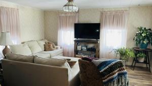 a living room with a couch and a flat screen tv at Sunset View Centennial Farm in Mancelona +37 photos
