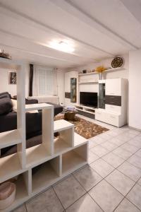 a living room with a bed and a kitchen at Ferienwohnung Wald-Michelbach in Wald-Michelbach