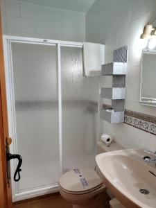 a bathroom with a shower and a toilet and a sink at Apartamentos Turísticos Rural Los Tinaos in Bubión +41 photos