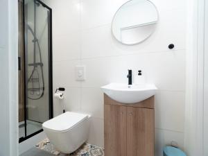 a bathroom with a sink and a toilet and a mirror at Apartament Antoninek in Poznań