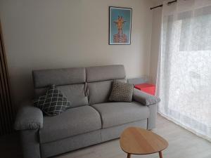 a living room with a gray couch and a table at Studio en Luberon in La Bastidonne +11 photos