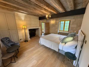a bedroom with a large bed and a fireplace at Gîte du Château des Brétignolles - Patrimoine, Piscine & Nature - Près de Chinon in Anché