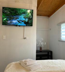 a bedroom with a tv hanging on the wall at Hostal Chucaita Puerto Cisnes in Puerto Cisnes