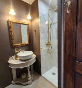 a bathroom with a sink and a shower at Château de Trévien in Trévien +86 photos