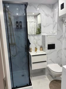 a bathroom with a shower and a toilet and a sink at Luksusowy Apartament Giżycko in Giżycko