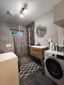 a bathroom with a shower and a washing machine at Villa de Calma Samorin in Šamorín +51 photos