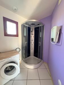 a bathroom with a shower and a washing machine at Mon calme in Arques-la-Bataille